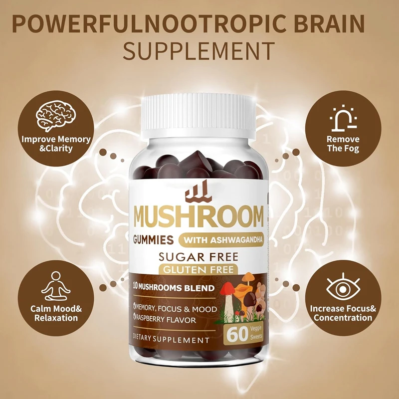 Mushroom Soft Candy -10x Mushroom Supplement with South African Drunken Eggplant and Lion Mane, a brain boosting supplement