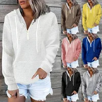 Plus size women's clothing hoodies casual home wear women's zipper hooded pockets solid color waffle grid long sleeved hoodies