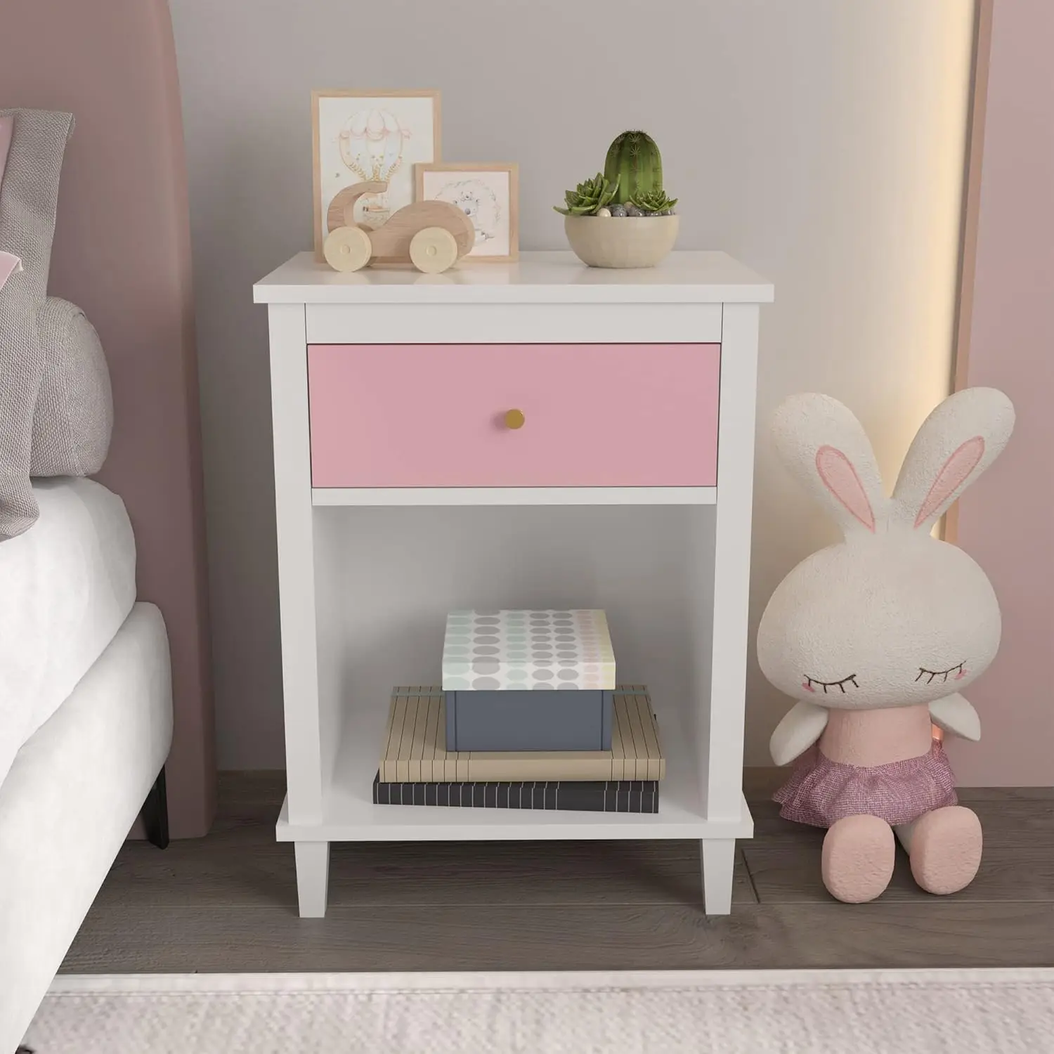 Drawer One Shelf,End Table for Bedroom,Bed Side Table for Kids, Adults,Guest Room Children&rsquo;s Room,Easy Assembly(Pink)