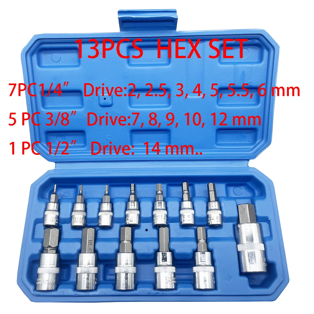 13Pcs Hex Bit Socket Set H2-H14,CRV Sockets 1/4inch,3/8inch & 1/2inch Drive For Hand Use Work On Cars Trucks 5