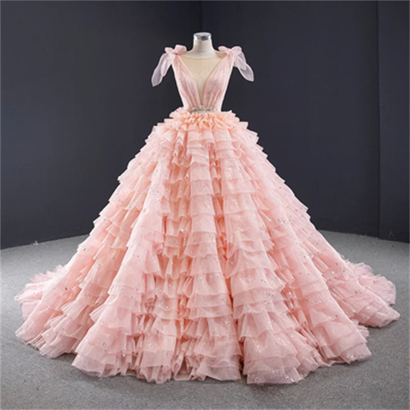 Roze Quinceanera Jurken Baljurk Scoop Tulle Pailletten Tiered Puffy Mexicaanse Zoete 16 Jurken 15 Anos