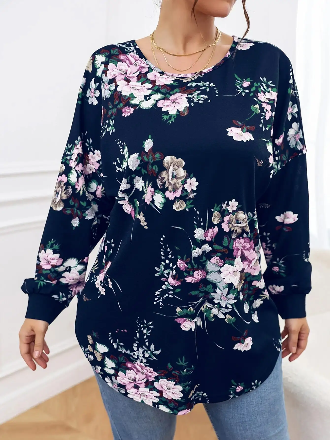 Finjani Cut Out Crisscross Back Print Blouse For Women's Crew-Neck Long Sleeves Casual Sexy Tops Plus Size Women 2023