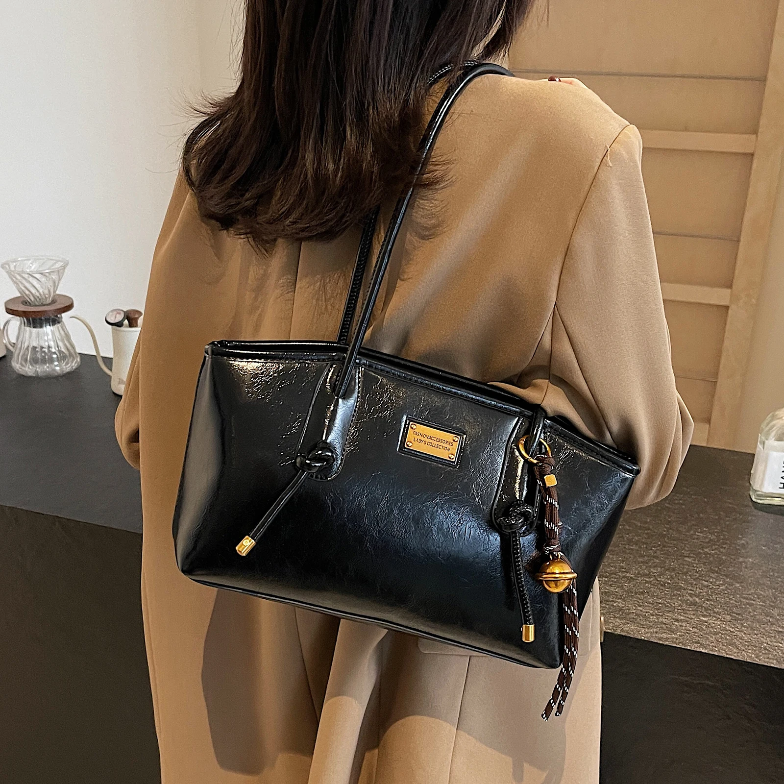 PU Leather Shoulder Bag Versatile Underarm Bag with Pendant Commuter Bag for Women Work Shopping Travel