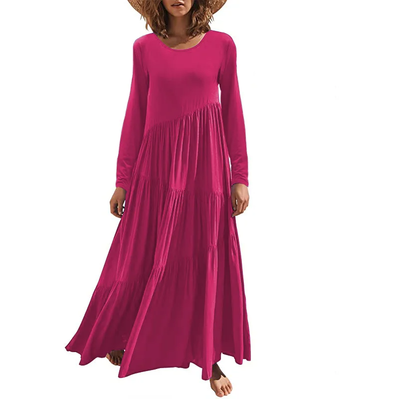 

Women's Dresses 2023 Autumn New Loose Long-sleeved Round Neck Asymmetric Swing Layered Beach Dress Female