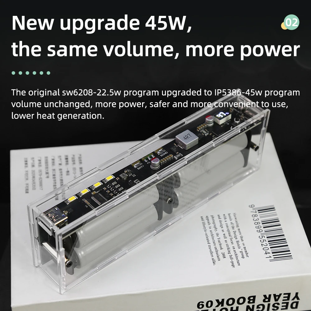PD45W Two Way power bank case battery power bank box Power Bank Case 20000mah No Welding LED Light Digital Display Transparent Punk 21700 18650 Battery Fast Charging