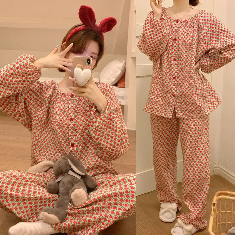 

Vintage Autumn Winter Pajama Set Women Floral Print Long Sleeve Cotton Sleepwear Loose Soft Pants Home Clothes 2 Piece Sets S312