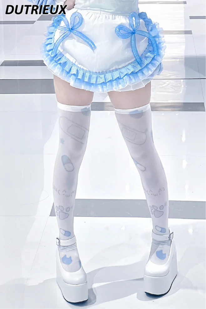 Japanese Printed Velvet Pill White Socks Women Cute Sweet Lolita Water Color Secondary Element Stockings Mine Series Knee Socks