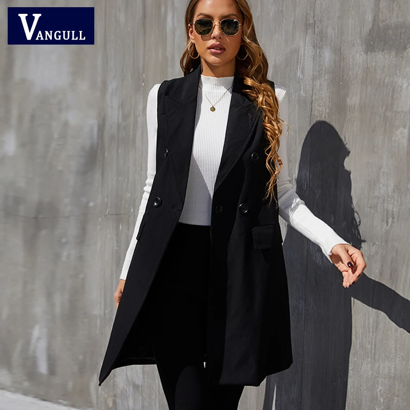 Vangull Chaleco negro de estilo de oficina para mujer, prenda larga de gran tamaño, vuelto doble botonadura, sin mangas|Chalecos y chalecos| - AliExpress