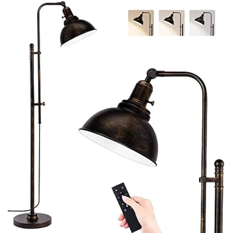 

Industrial Floor Lamp Adjustable, Rustic Farmhouse Reading Lamp in Aged Black Finish, Modern Standing Lamp with Remote Control