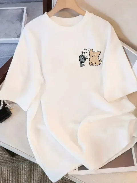 Cute Dog with Fan Women's Crew Neck Short Sleeve T Shirt Cartoon Animal Print Cute & Trendy Y2k Top Kawaii Women Clothing 1