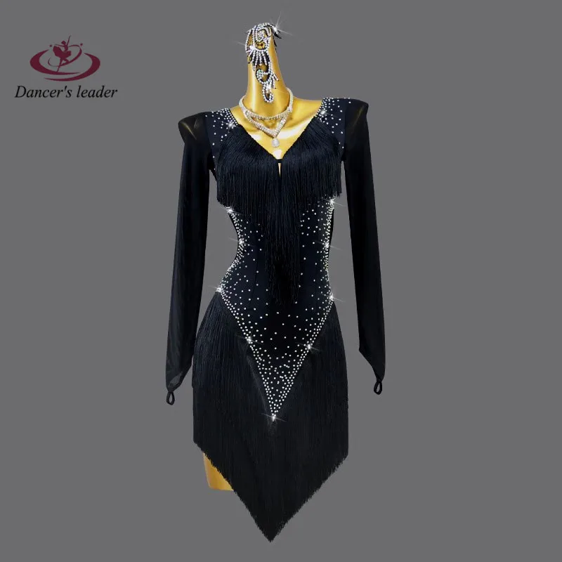 

Latin Dance Dress High-end Customized High-end tassel Floral Suit Solo Long Sleeve Cha Cha Tango Female Adult Stage Professional