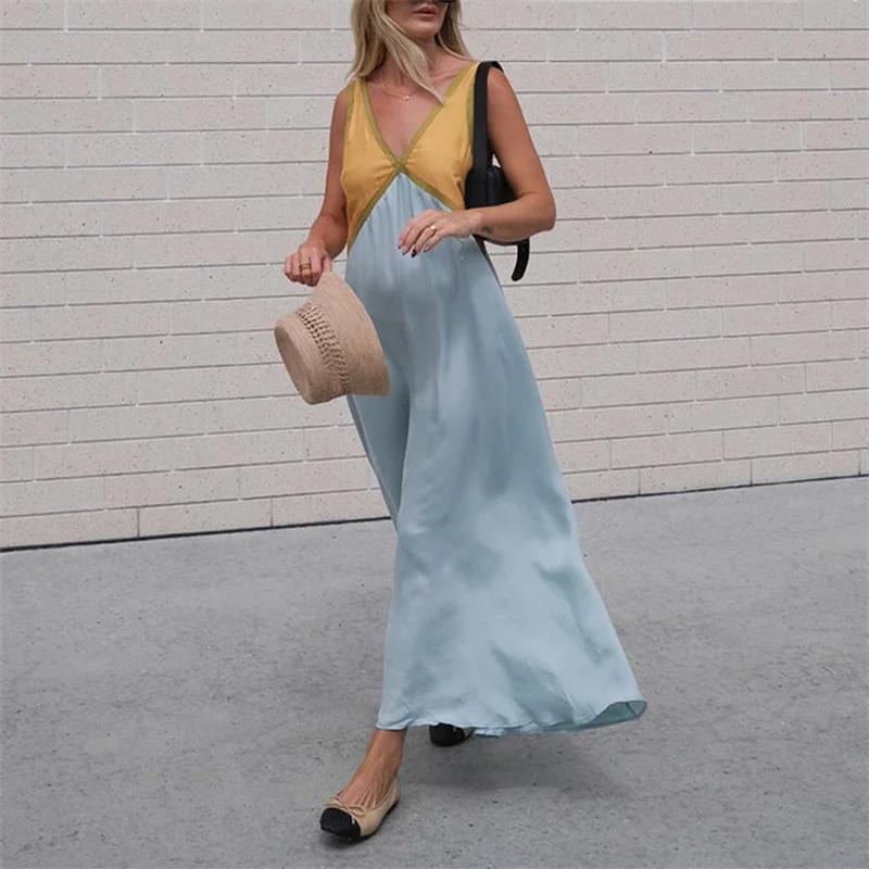 Vestido elegante de verano para mujer, con cuello en V, sin mangas, con patchwork de colores contrastantes, largo y sexy para fiesta de noche.