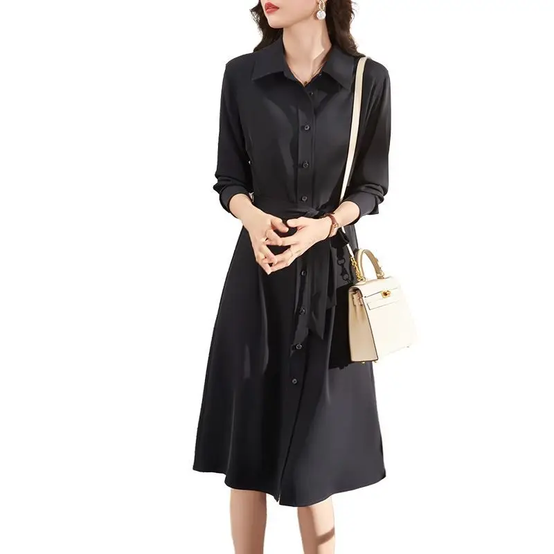 Spring Autumn Pure Color Midi irt Dr Women's Faion Slimming Long Sve Belted Casual Polyester Fiber 2025 New Arrival