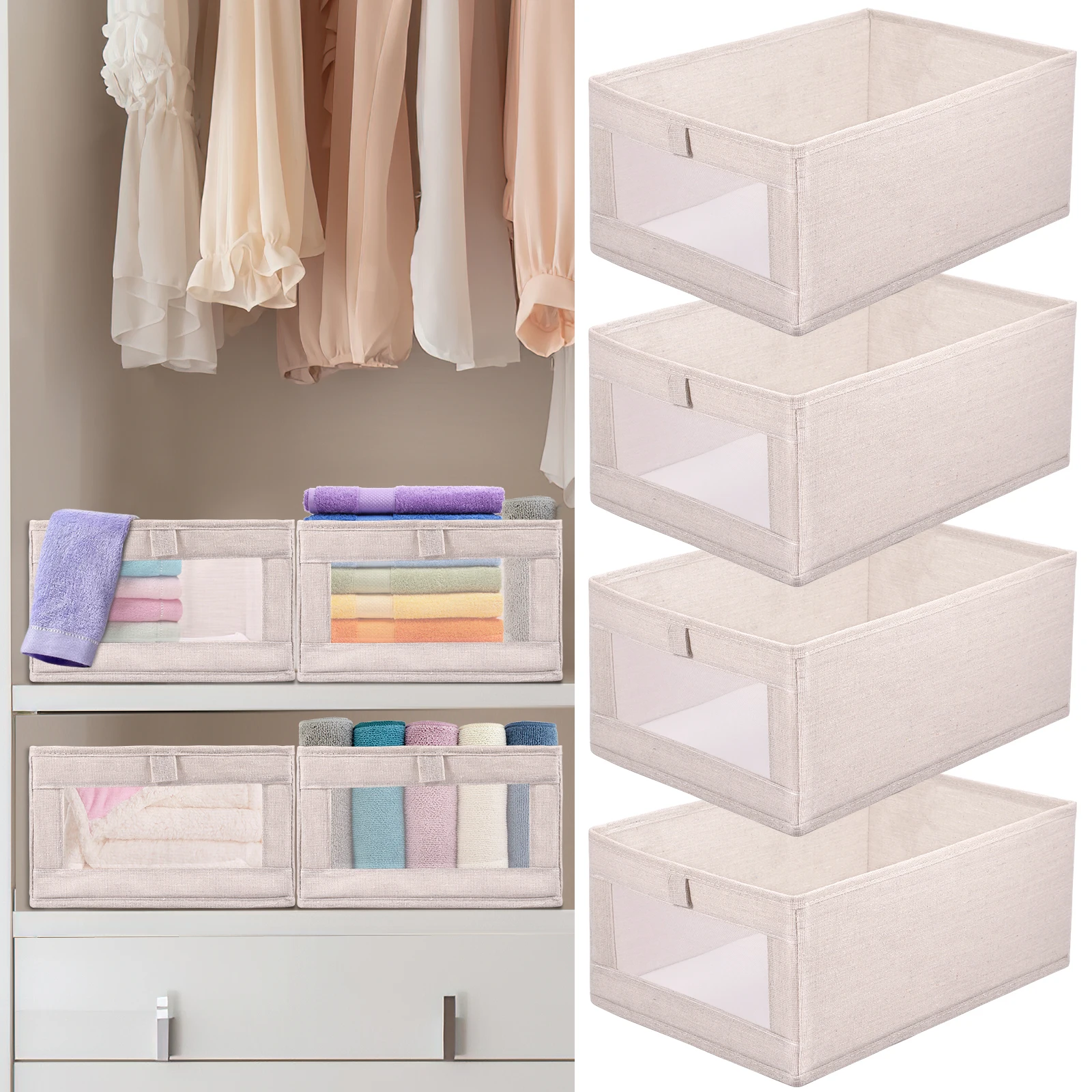 

New 4Pcs Closet Storage Bins 15.7×10.6×6.7 Inch Clothing Bin with Clear Window Foldable Closet Organization Cotton Linen