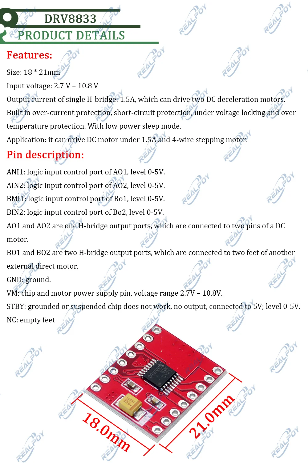 TB6612 DRV8833 Dual Motor Driver 1A TB6612FNG für Arduino Mikrocontroller Besser als L298N – Detail 1