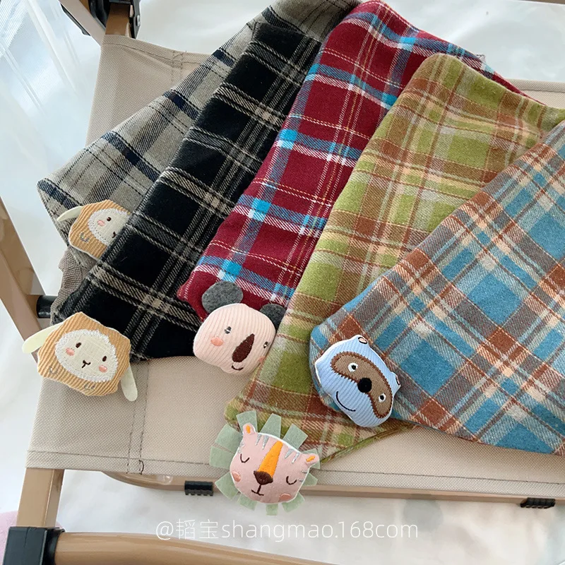 Cute Bear Checkered children's Triangle Scarf Autumn Winter all-match Boys And Girls Headscarf Cotton Scarf Children 24W014 winter accessories