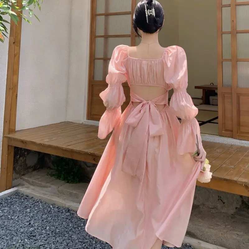 

White Pink Long Sleeve Dress 2023 Sexy Backless Elegant Dress Bubble Sleeve Chiffon Dresses Bow Waist Hollow Vestidos New Chic