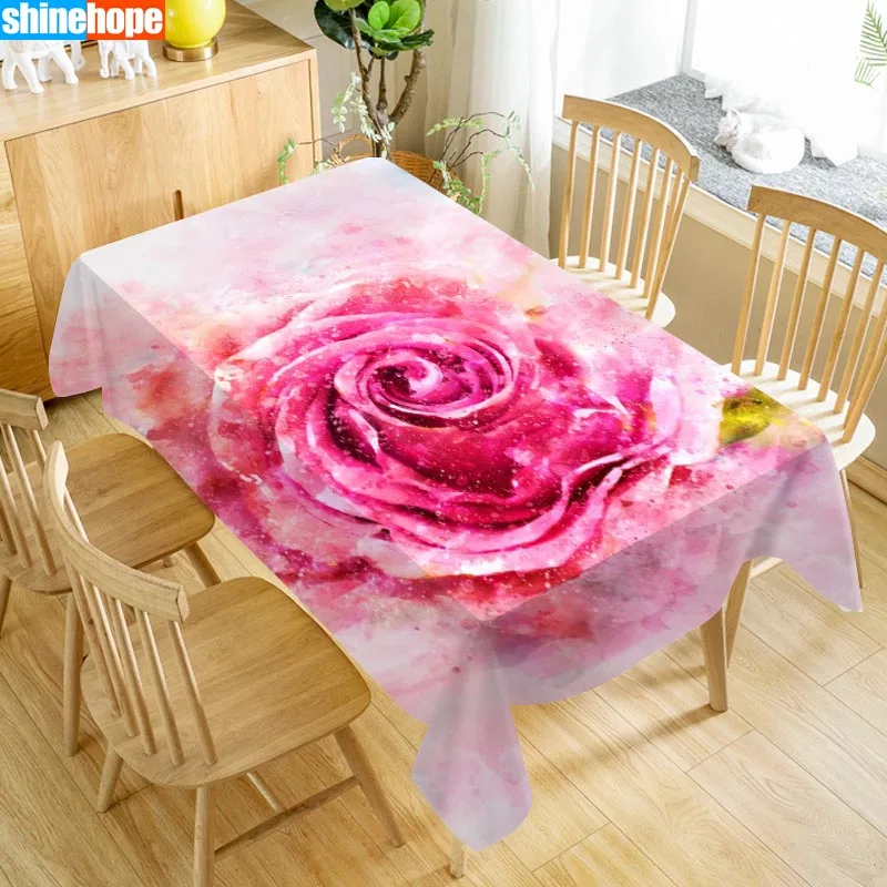

Pink Rose Tablecloth Waterproof Fabric Rectangular Dust-proof Table Cover For Party Home Decor TV Covers Size 140X250cm