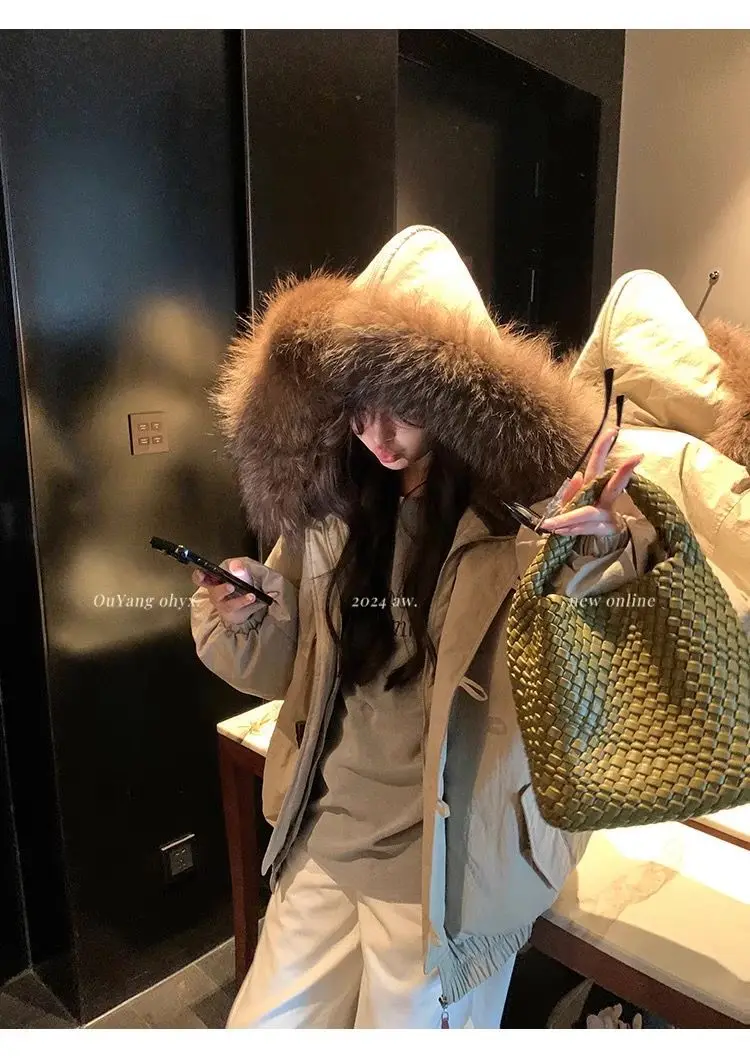 YYAHAHAS 2025 Winter New Cow Horn Button Thick Cotton Coat Retro American Warm Fur Collar Hooded Jacket Female Clothing