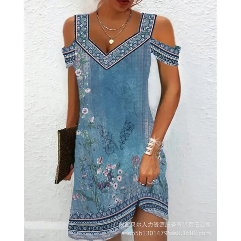 

Wepbel Floral Mini Dress Summer Loose Floral Tribal Fancy Decorative Tank Dress Women Watercolor Cold Shoulder Casual Dress