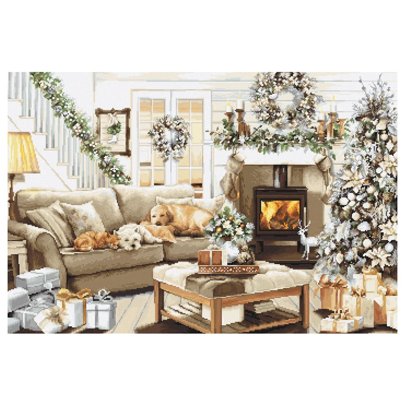 

Amishop Top Quality Lovely Counted Cross Stitch Kit Dreaming Of A White Christmas Dog And Cat On Sofa Sleeping DIY Luca-S B2393
