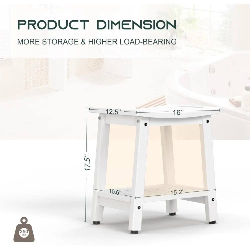 Shower Bench for Inside Shower - White Shower Stool Waterproof - Spa Bathroom Seat Chair with Handle, Storage Shelf, Adjustable 3