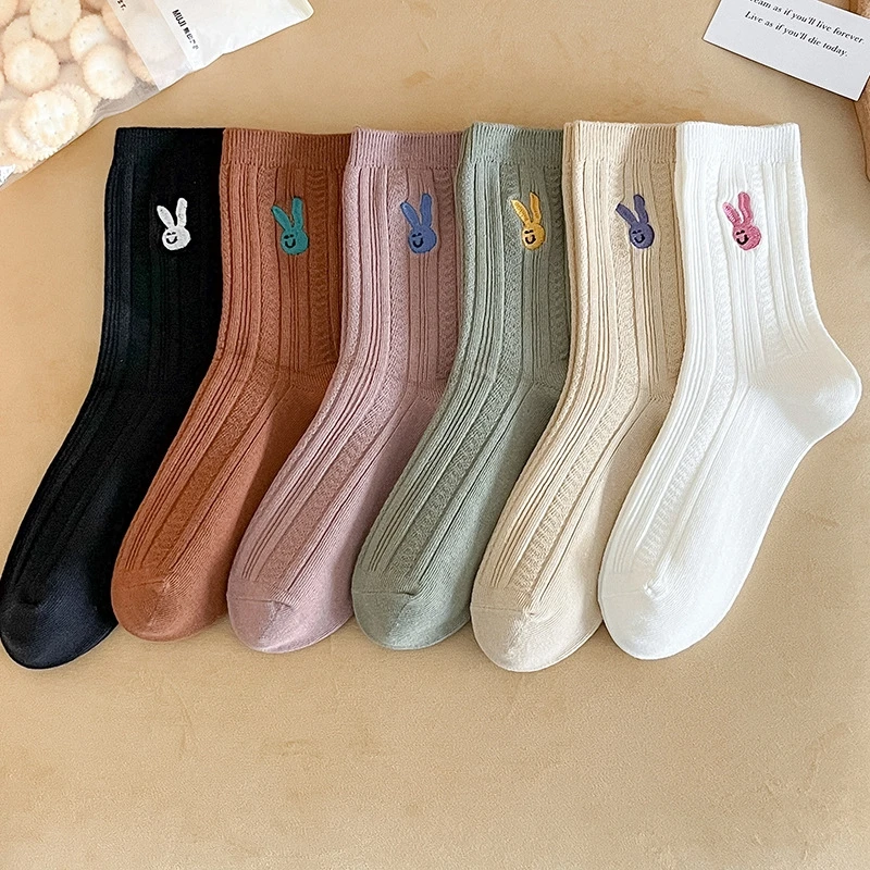 

Solid Color Embroidered Women's Socks Happy Fashion Chinese Year of the Rabbit Totem Classic Cartoon Rabbit Fun Sock HolidayGift