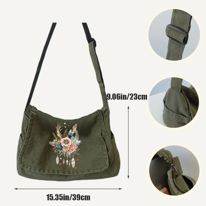 Vintage Women's Shoulder Bag Canvas Crossbody Bag Floral Print Large Capacity for Daily Messenger Bag