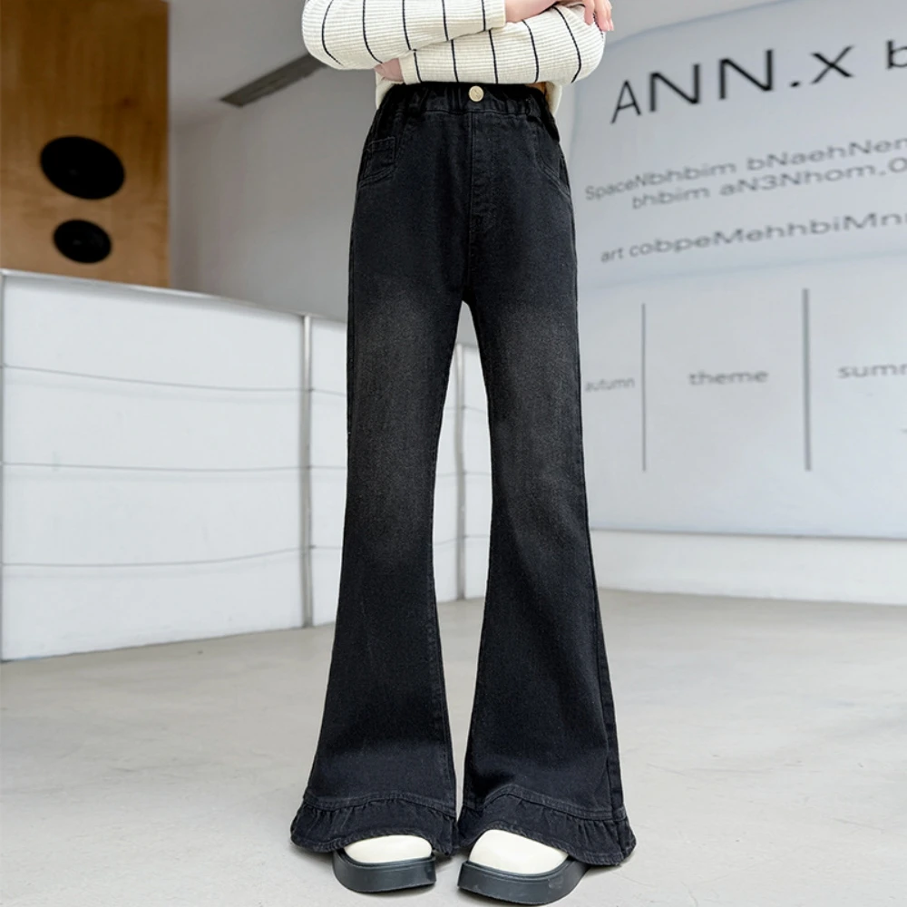 여아 패션 청바지 봄 가을 신상 아우터웨어 고탄력 플라운스 헴 벨바텀 어린이 트렌디 데님 롱 팬츠