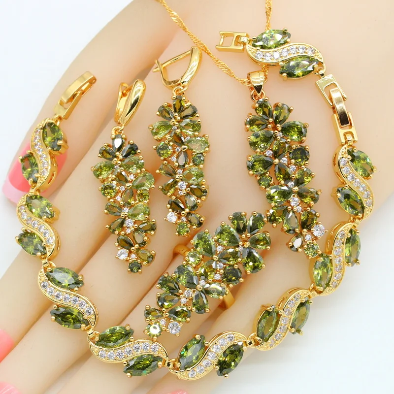 

Роскошный набор бижутерии из зеленого золота, серьги, ожерелье, кулон, кольцо, браслет, Рождественский подарок на день рождения