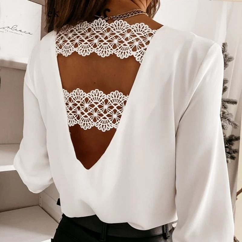 White Lace Long Sleeve V Neck Women Blouse