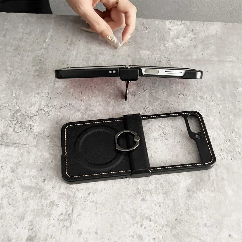 Luxury Lychee Pattern Leather MagSafe Wireless Charging Case with Ring Holder and Hinge Cover