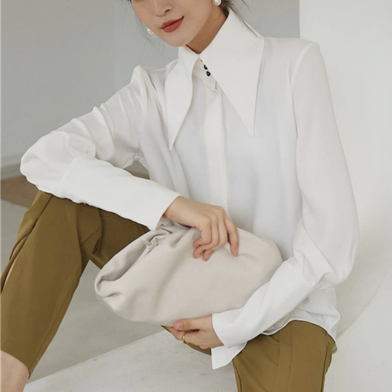White Satin Long Sleeve Blouse for Women