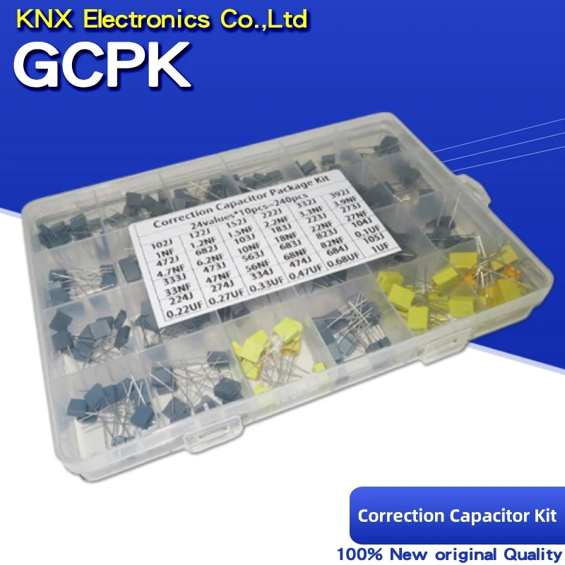 

24valuesX10pcs=240pcs Correction Capacitor Assorted Kit 63V-100V 102J-105J Polypropylene Safety Plastic Film Capacitors with Box