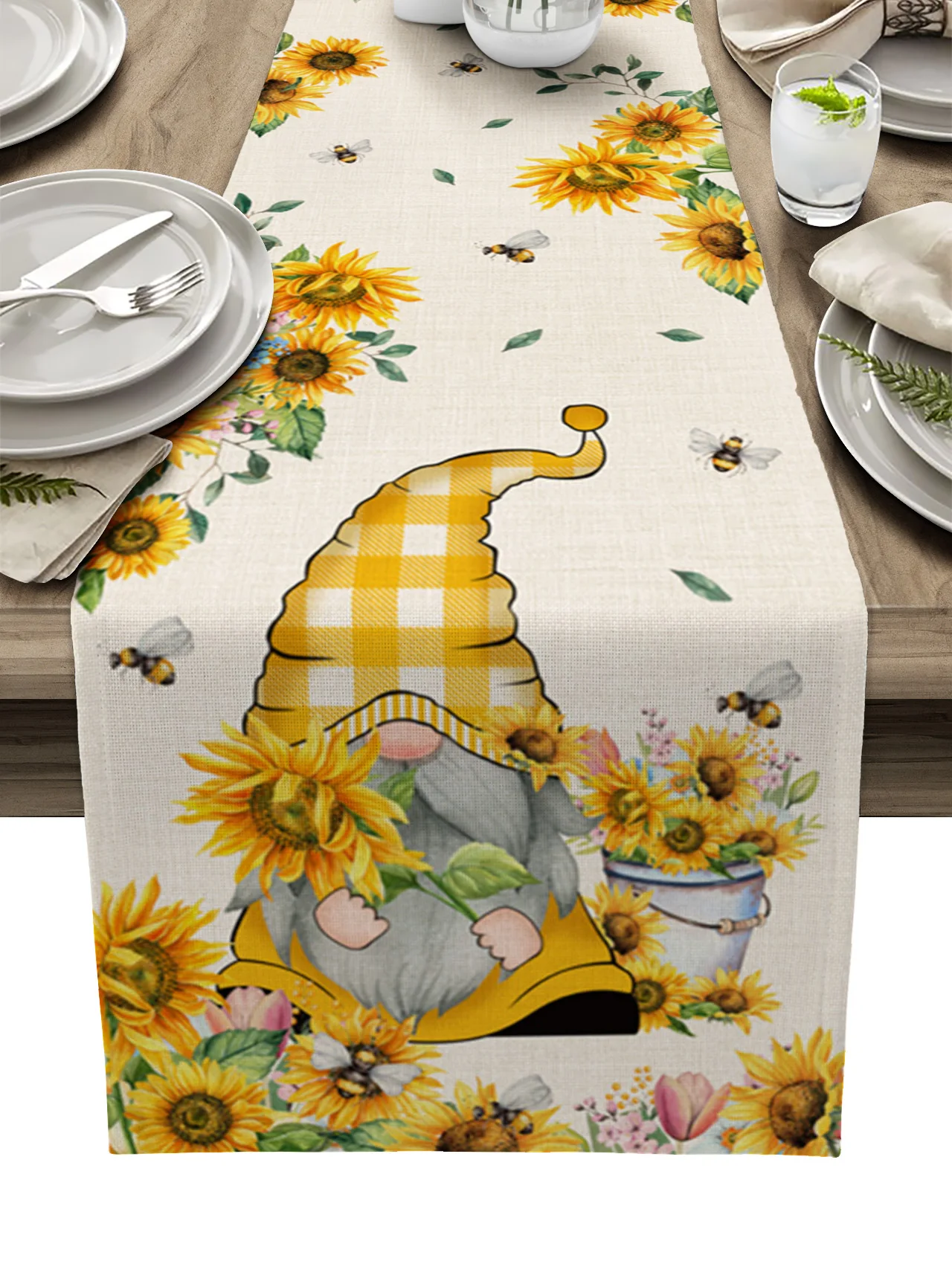 

Retro Country Style Sunflower Gnome Linen Table Runner Kitchen Table Decoration Farmhouse Dining Tablecloth Wedding Party Decor