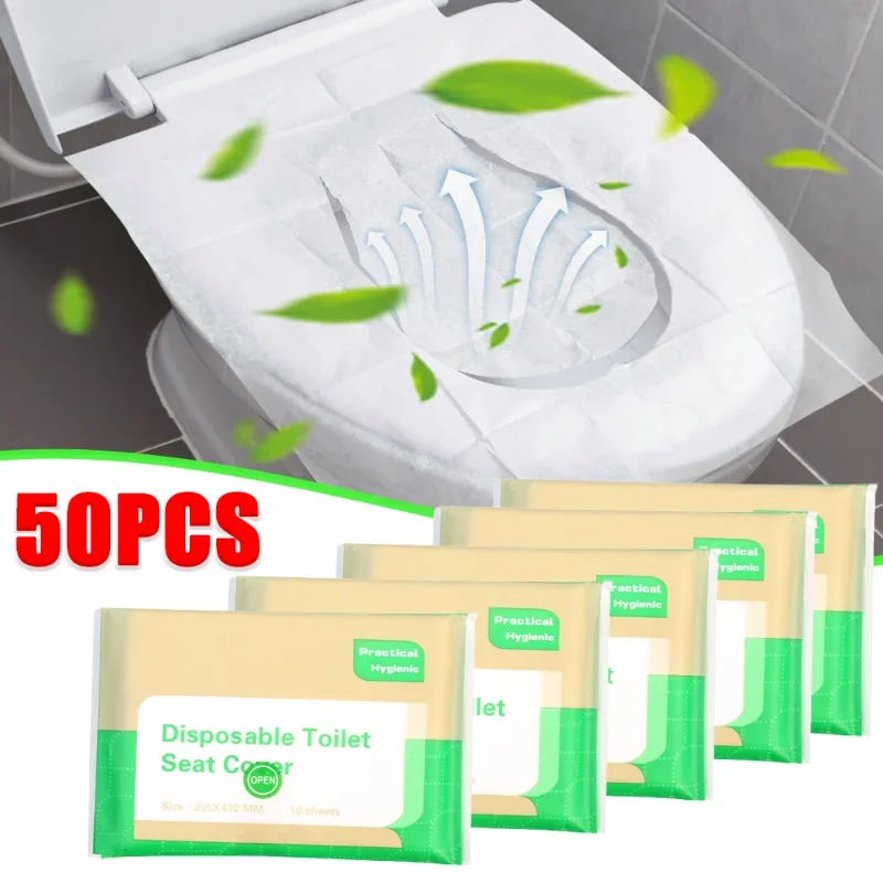 Tampa do assento sanitário descartável portátil, esteiras impermeáveis degradáveis, capas de água solúvel para suprimentos do banheiro, 10 50pcs