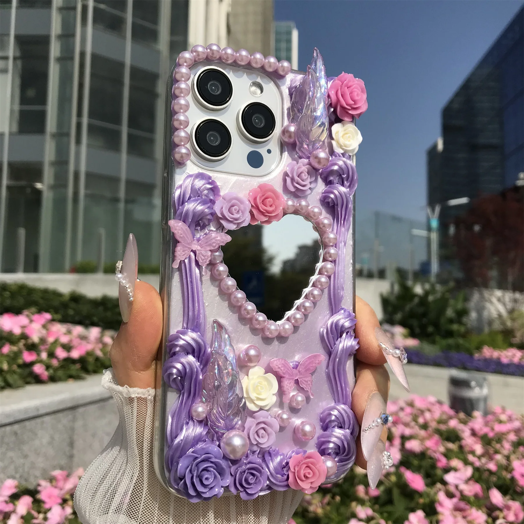 Handmade Purple Baroque Floral Mirror Phone Case - Soft TPU Dustproof Retro Design
