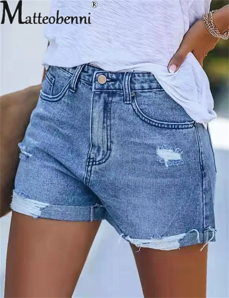 Summer Commuter Straight Denim Shorts Female Ladies Holes Cotton Five-quarter Length Trousers Women's 5-quarter Jeans Streetwear