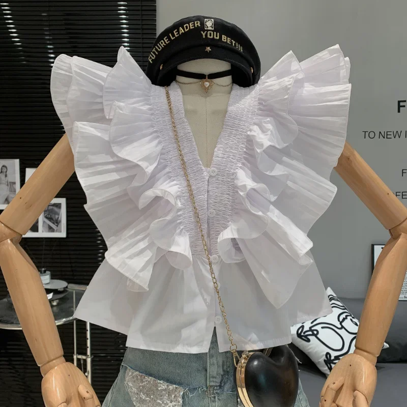 Sexy Red V Neck Blouse Layered Ruffled Sleeveless Chiffon Shirt 