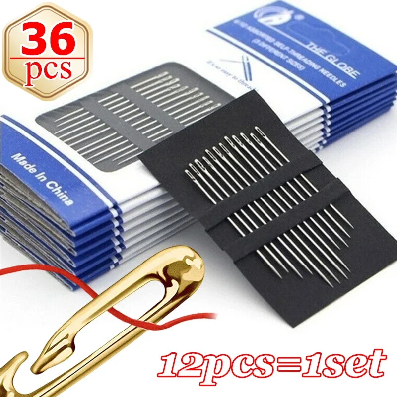 

12-36Pcs Self-Threading Sewing Needles Big Hole Stainless Steel Needle Blind Elderly Household DIY Jewerly Tools Equipments Set