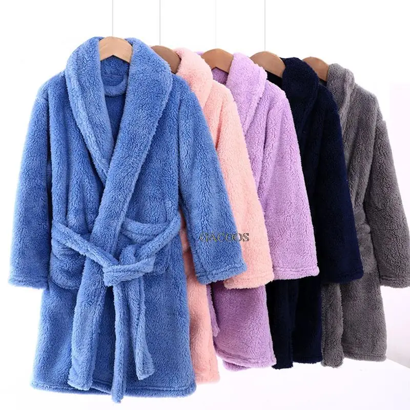 Winter Thicken Bathrobes for Kids Girls Flannel Warm Nightgown Teens Boys Bathing Robe Solid Color Night Robe Baby Dressing Gown kids pajamas set flannel pajamas child bathrobe kids robe