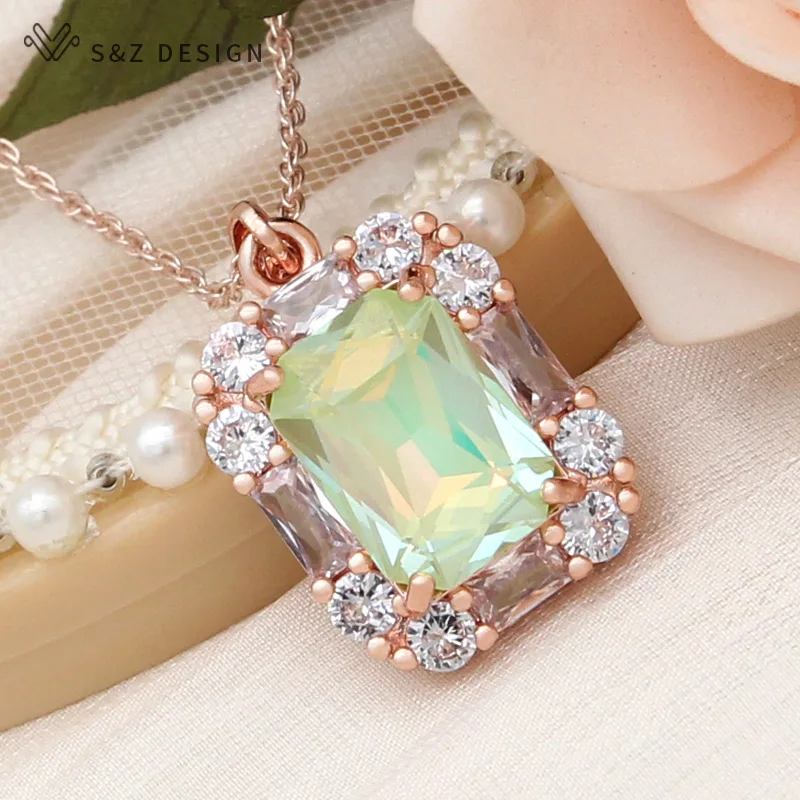 S&Z DESIGN New Fashion Rectangle Crystal Pendant Necklace For Women 585 Rose Gold Color Wedding Cubic Zirconia Jewelry Gift