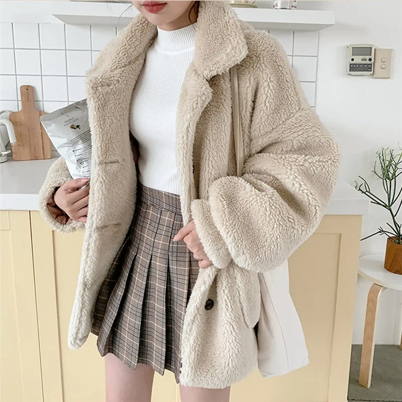 Winter Warm Girls Faux Fur Coat Loose Straight Hem Design Korean Fashion Lady Berber Fleece Women Coats Single Breast