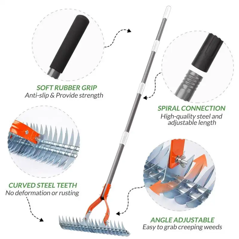 Metal Thatch Rake Stainless Steel Adjustable Long Handle Cultivator Ergonomic Portable Gardening Tools Tiller Cultivator For