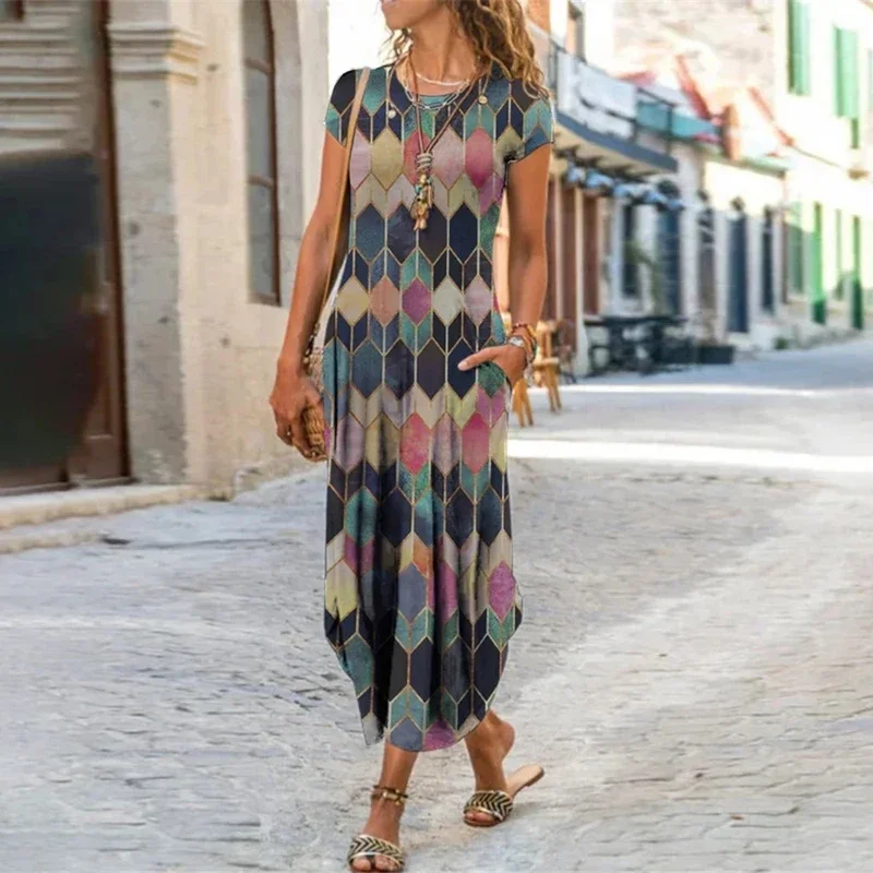 

Women's Dress Fashion O-Neck Short Sleeve Printing 2023 Summer Elegant Sundress Office Lady Dresses Female Print A-Line Vestidos