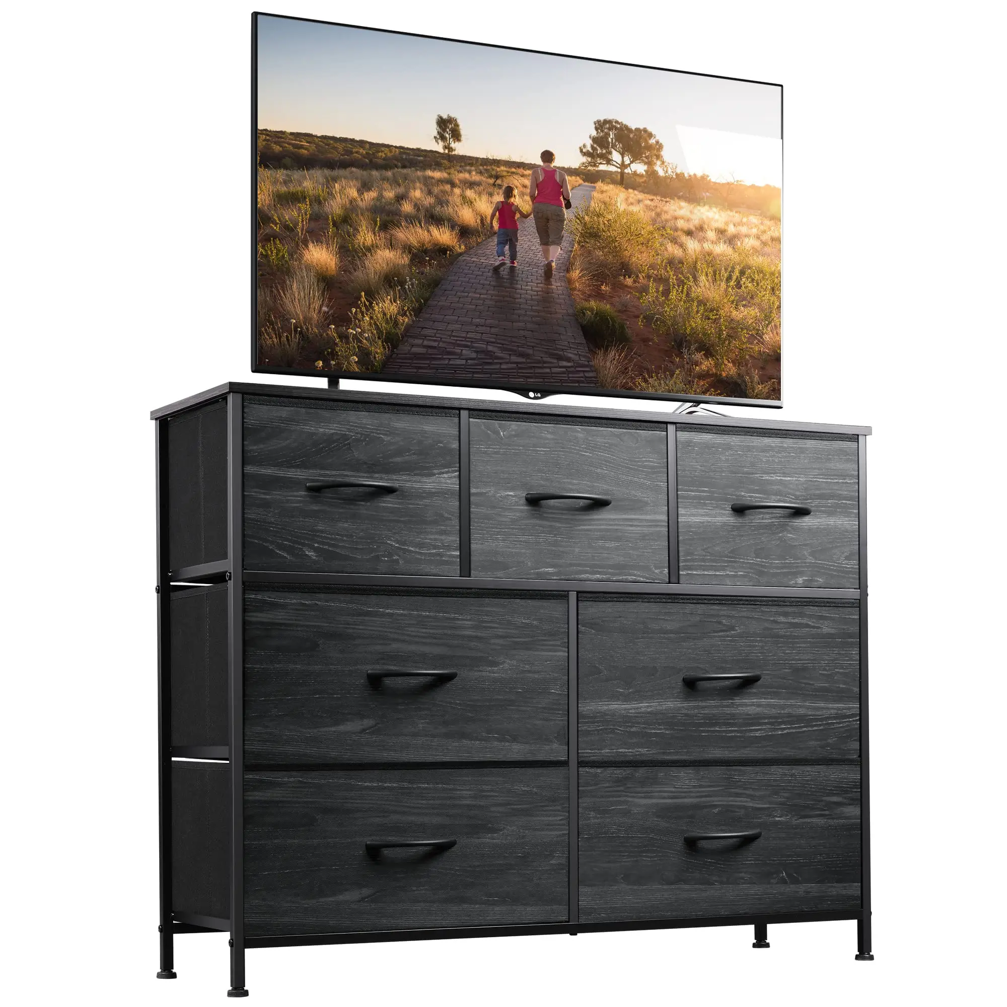 

TV Stand - Media Console Table with Metal Frame and Wood Top for TV up to 45 inches - Charcoal Black Wood Grain Print