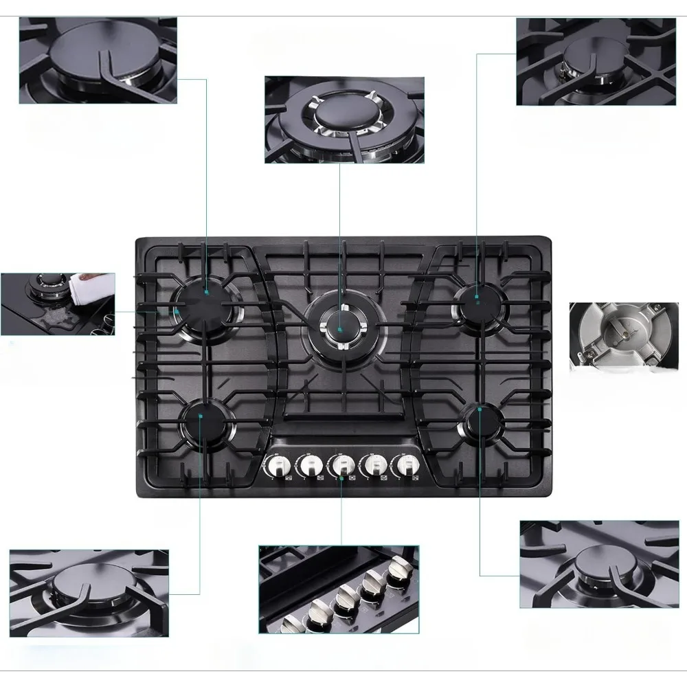 30 Inch Gas Cooktop, 5 Burners Built-in Gas Stovetop Stainless Steel Convertible Gas Stove Dual Fuel Sealed Gas Hob - Black 4