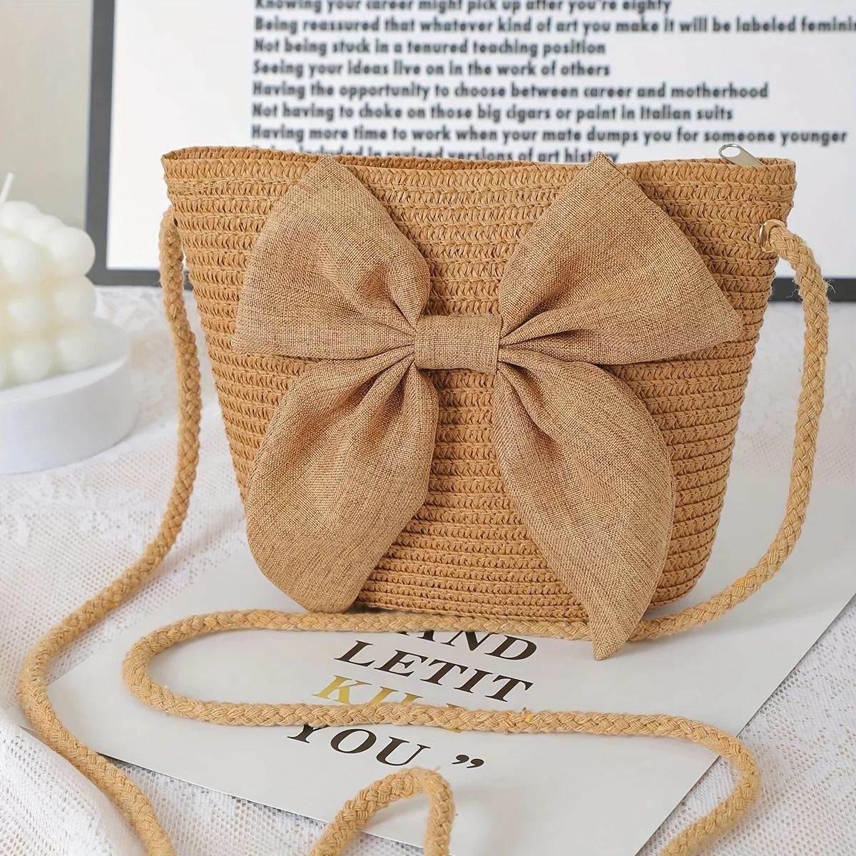 Elegant Beige Straw Crossbody Bag - Woven Texture, Zip Closure, Ideal for Beach Vacations, Weddings, Summer Outings