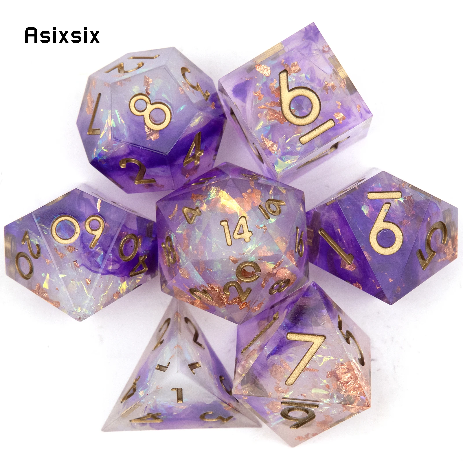 7 Pcs Purple White Resin Golden Number Sharp Edge Dice Polyhedral Dice Suitable for Role-Playing RPG Board Game