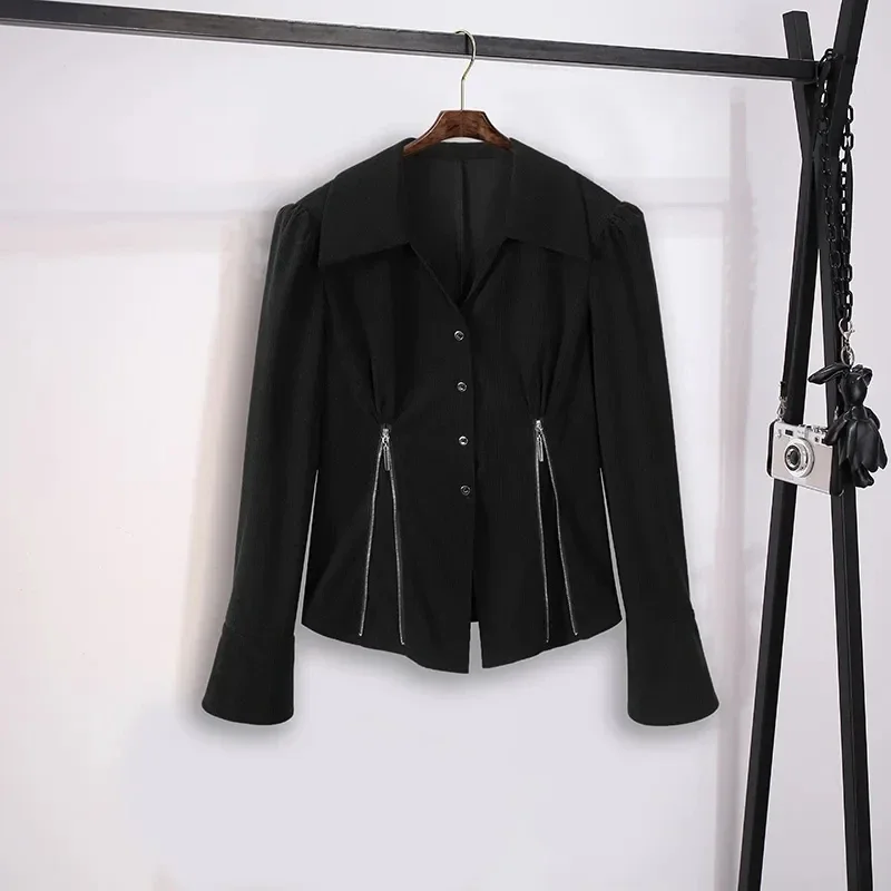 2023 Autumn New Women Clothing Fashion Slim Zipper Shirts Flare Pants 1 or 2 Piece Set Lady Casual Polo Collar Top Trousers Suit